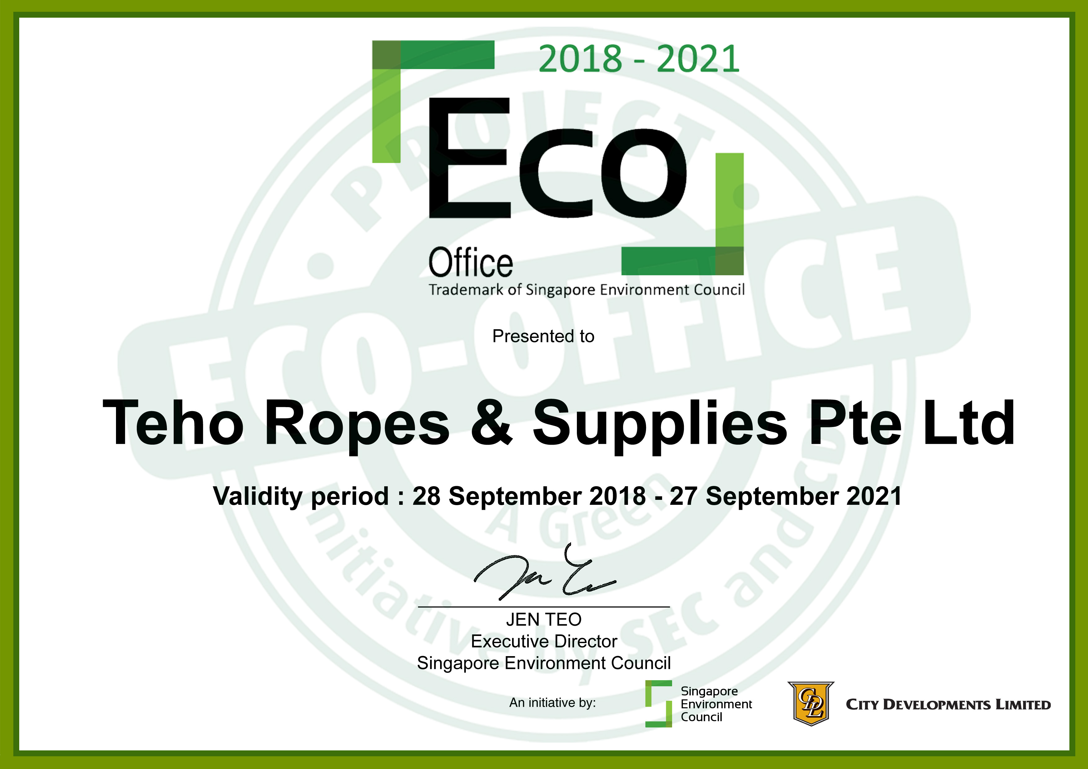 Teto Ropes TEHO Ropes Singapore certified as Eco-Office | TEHO Property Group